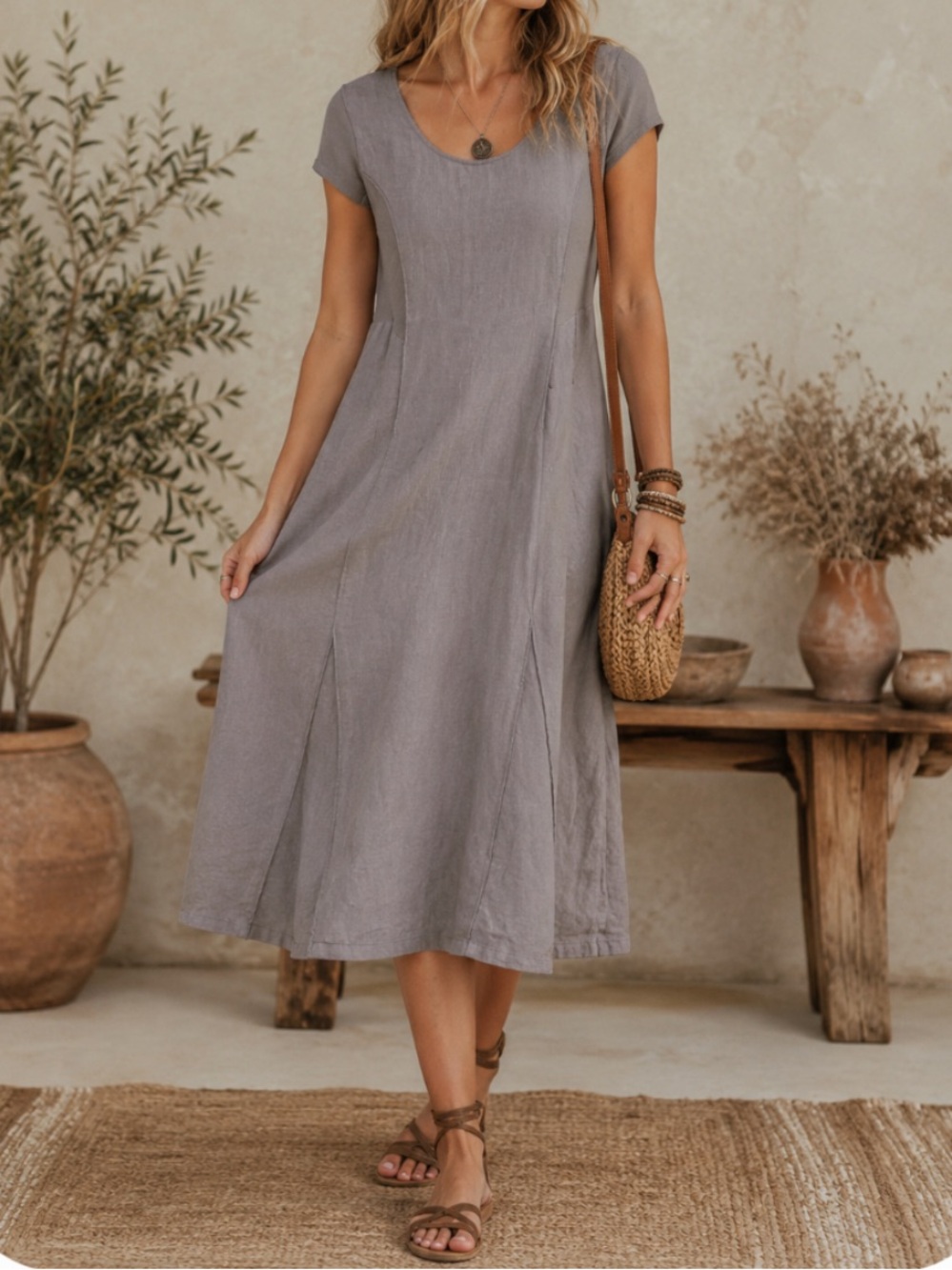 INIZIO Linen Casual Scoop Neck Midi Dress